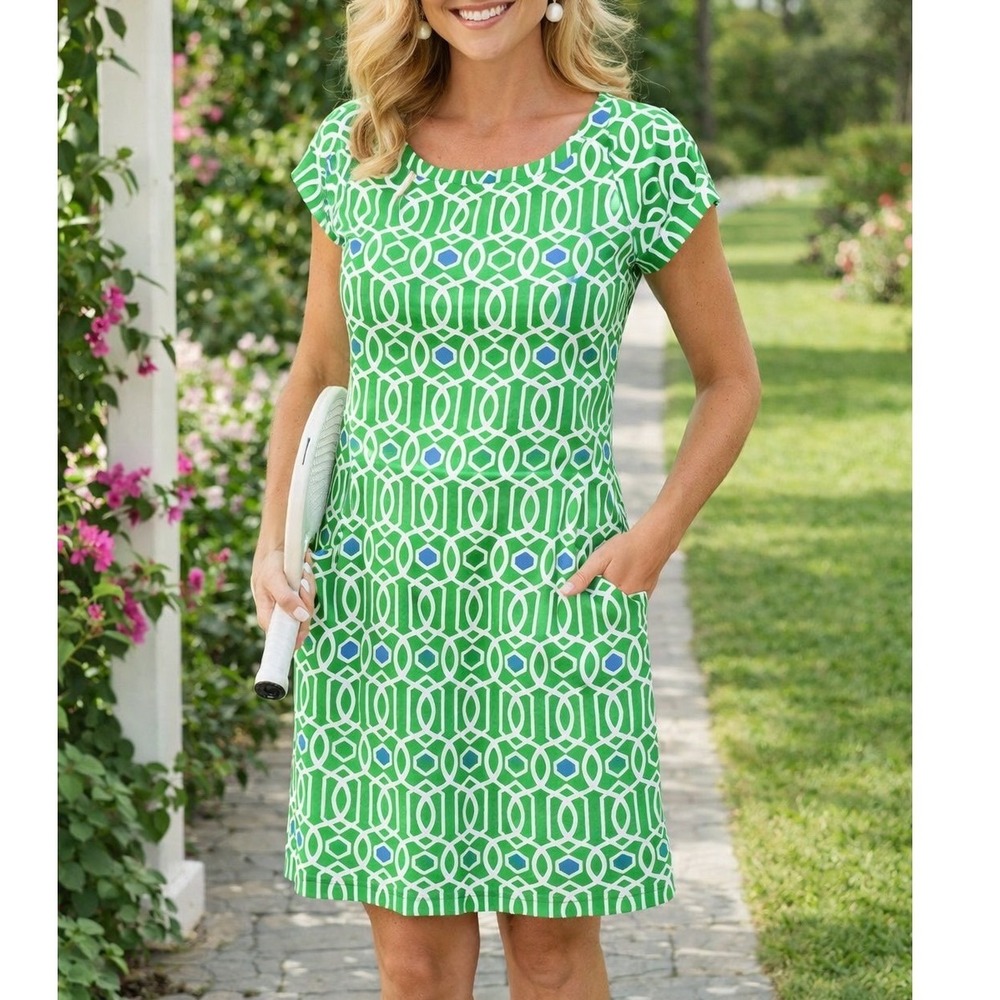 Jude Connally Green Geometric Print Cap-Sleeve Dress